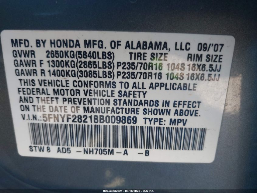 2008 Honda Pilot Vp VIN: 5FNYF28218B009869 Lot: 43237621