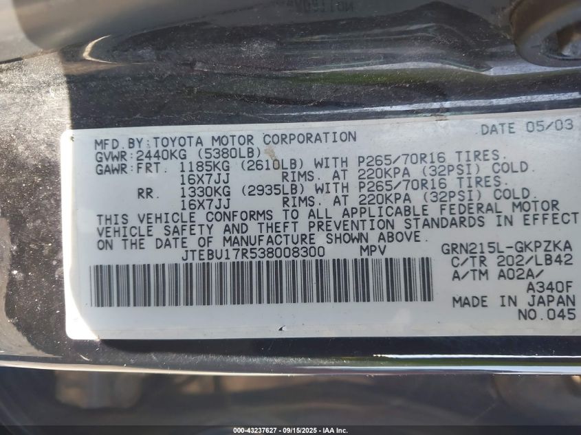 2003 Toyota 4Runner Limited V6 VIN: JTEBU17R538008300 Lot: 43452040