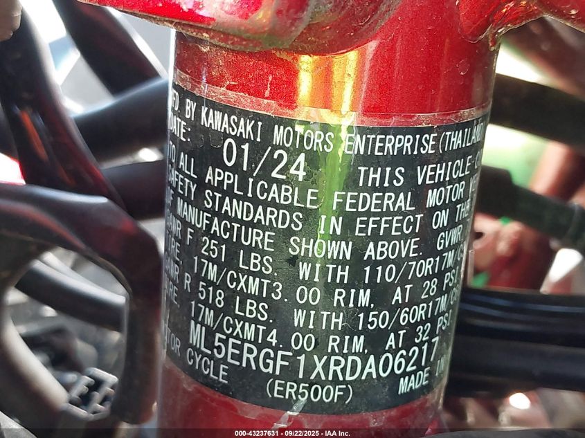 2024 Kawasaki Er500 VIN: ML5ERGF1XRDA06217 Lot: 43237631