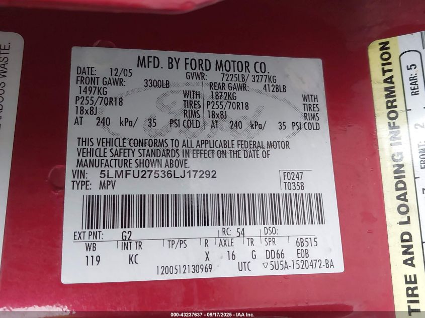 2006 Lincoln Navigator Luxury/Ultimate VIN: 5LMFU27536LJ17292 Lot: 43237637