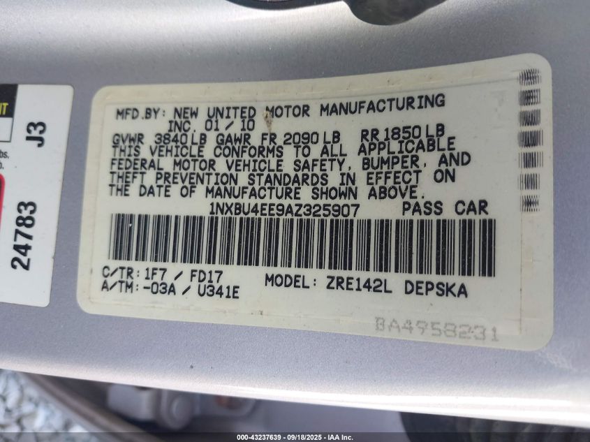 2010 Toyota Corolla VIN: 1NXBU4EE0AZ325908 Lot: 43237639