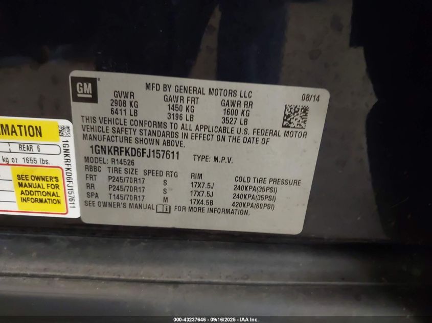 2015 Chevrolet Traverse Ls VIN: 1GNKRFKD6FJ157611 Lot: 43237646