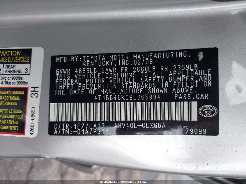 2009 Toyota Camry Hybrid VIN: 4T1BB46K09U065984 Lot: 43237659
