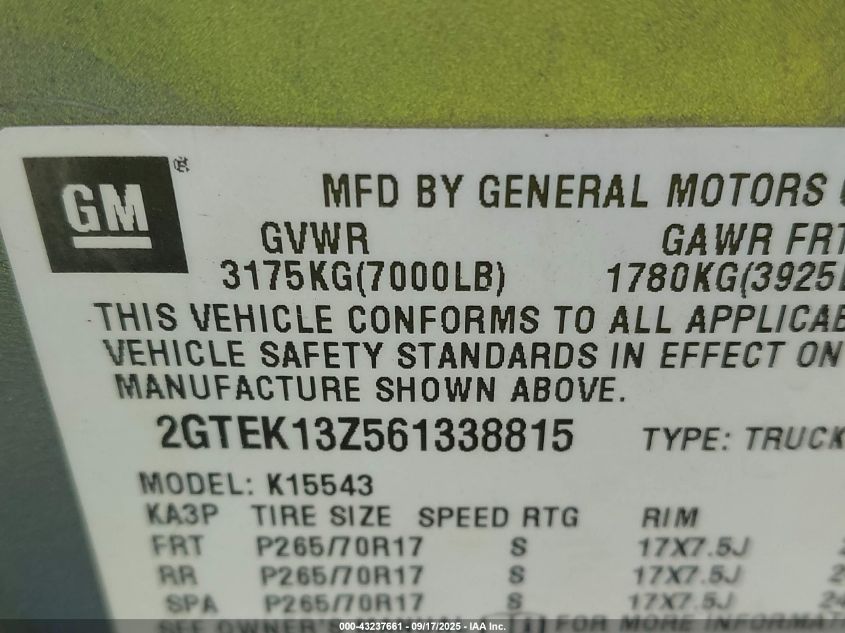 2006 GMC Sierra 1500 Slt VIN: 2GTEK13Z561338815 Lot: 43237661