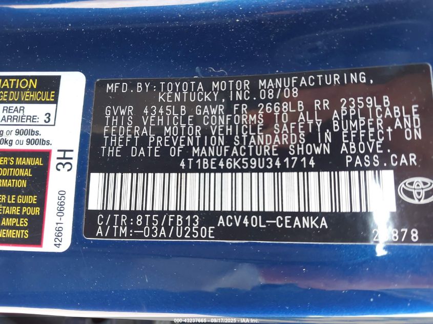 2009 Toyota Camry VIN: 4T1BE46K59U341714 Lot: 43237665