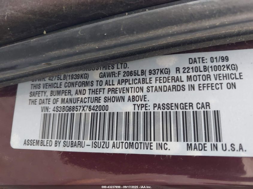 1999 Subaru Legacy 30Th Ann. Outback Ltd./Outback VIN: 4S3BG6857X7642000 Lot: 43237698
