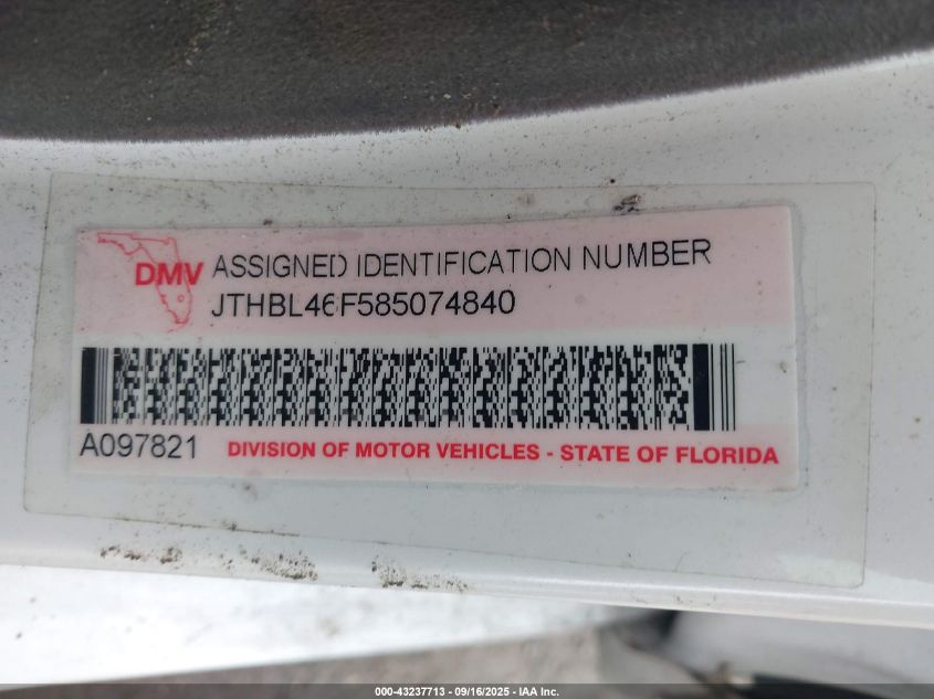 2008 Lexus Ls 460 VIN: JTHBL46F585074840 Lot: 43237713