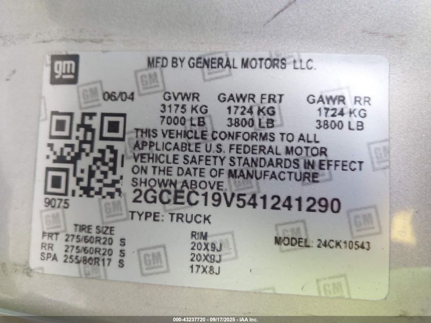 2004 Chevrolet Silverado 1500 Ls VIN: 2GCEC19V541241290 Lot: 43237720