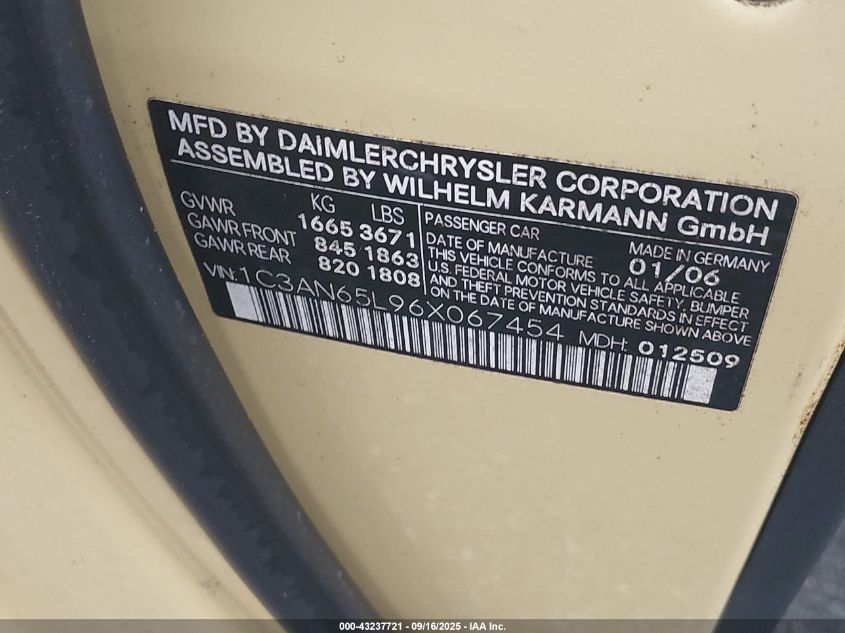 2006 Chrysler Crossfire Limited VIN: 1C3AN65L96X067454 Lot: 43237721