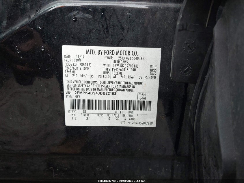 2018 Ford Edge Se VIN: 2FMPK4G94JBB22103 Lot: 43237733