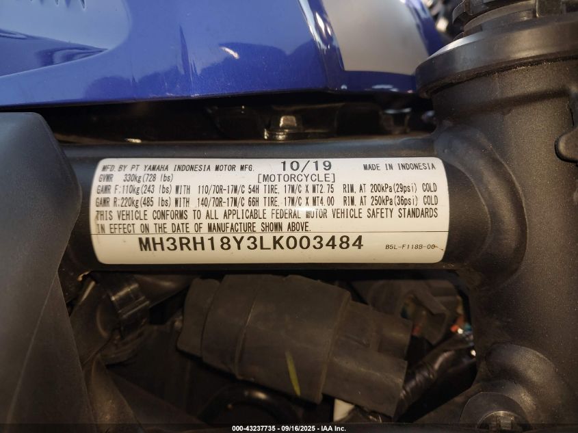 2020 Yamaha Yzfr3 A VIN: MH3RH18Y3LK003484 Lot: 43237735