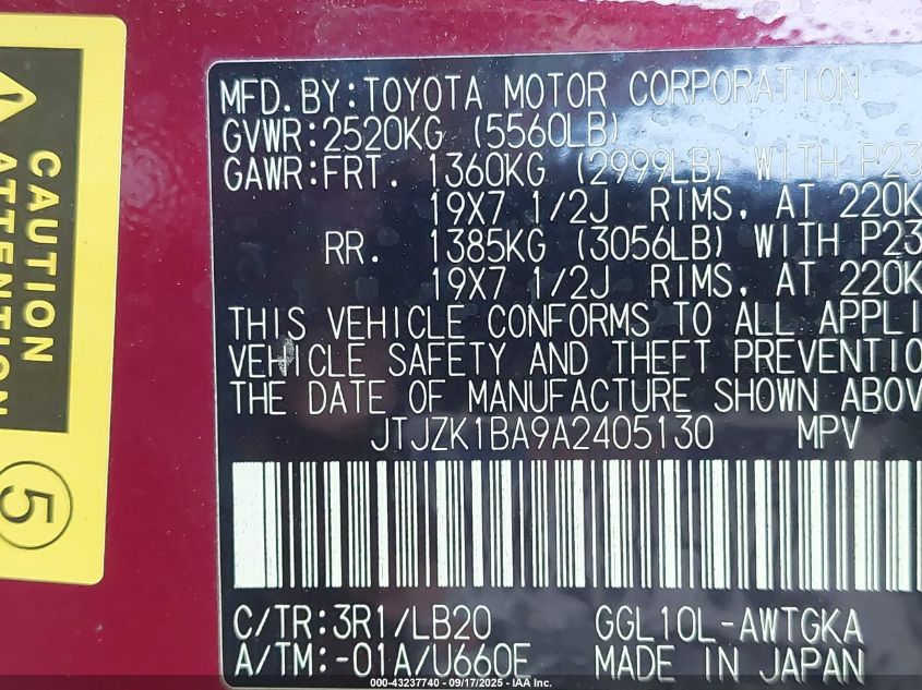 2010 Lexus Rx 350 VIN: JTJZK1BA9A2405130 Lot: 43237740