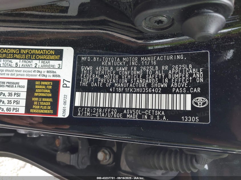 2017 TOYOTA CAMRY SE 4T1BF1FK3HU356402