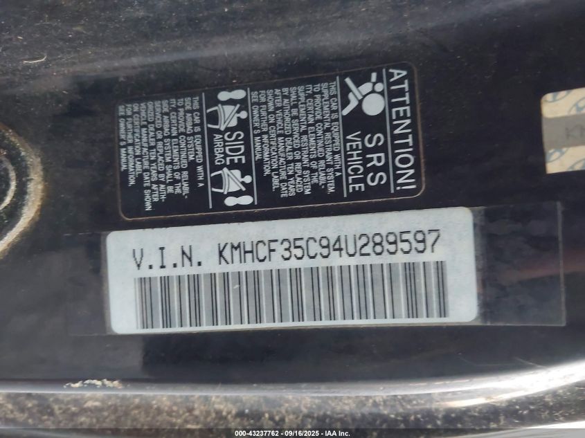 2004 Hyundai Accent VIN: KMHCF35C94U289597 Lot: 43237762