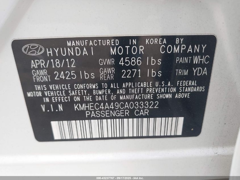 2012 Hyundai Sonata Hybrid VIN: KMHEC4A49CA033322 Lot: 43237767
