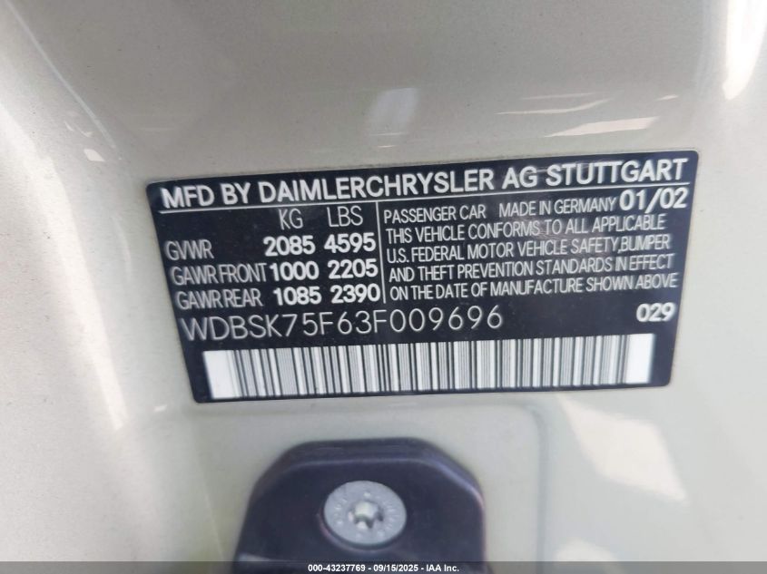 2003 Mercedes-Benz Sl 500 VIN: WDBSK75F63F009696 Lot: 43237769