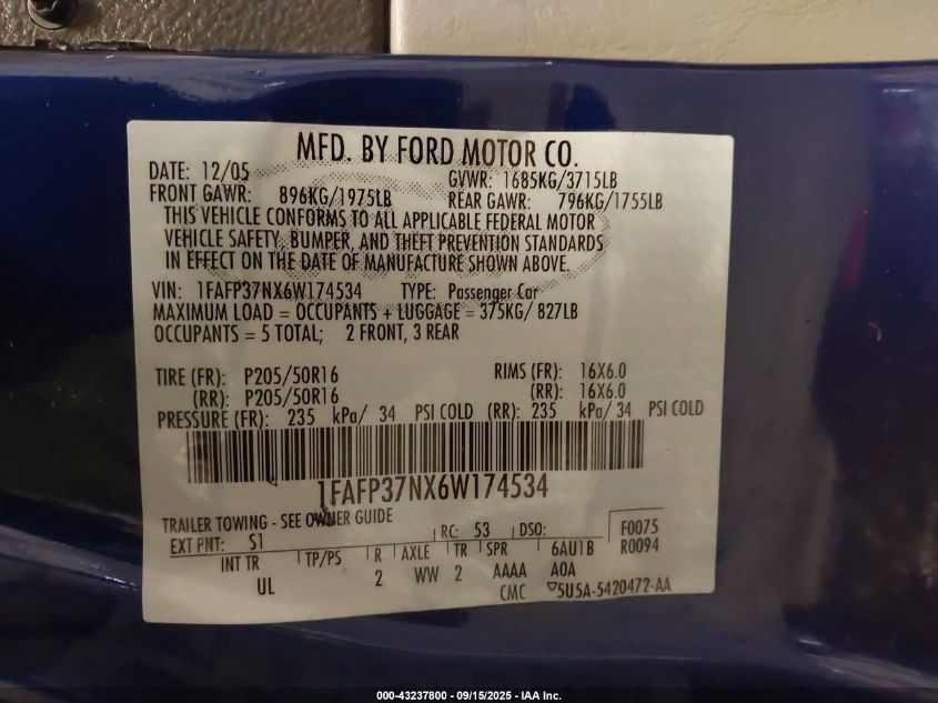 2006 Ford Focus Zx5 VIN: 1FAFP37NX6W174534 Lot: 43237800