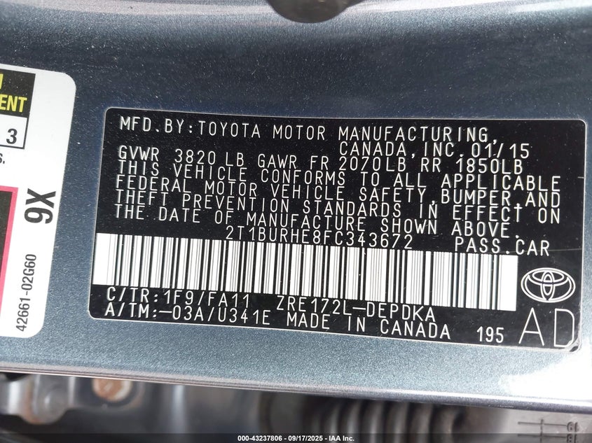 2015 Toyota Corolla L VIN: 2T1BURHE8FC343672 Lot: 43237806