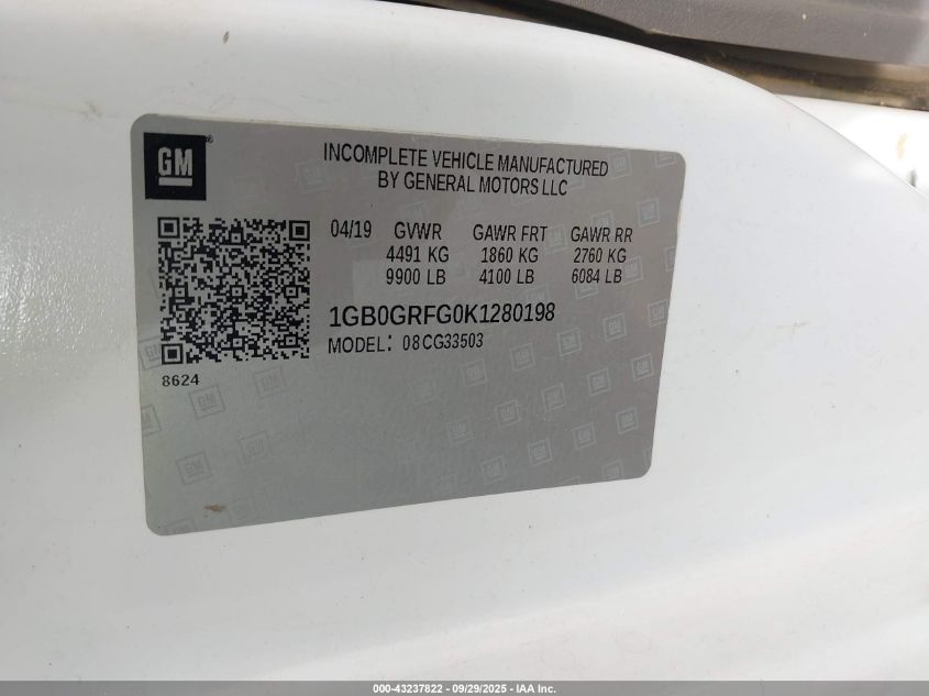 2019 Chevrolet Express Cutaway Work Van VIN: 1GB0GRFG0K1280198 Lot: 43237822