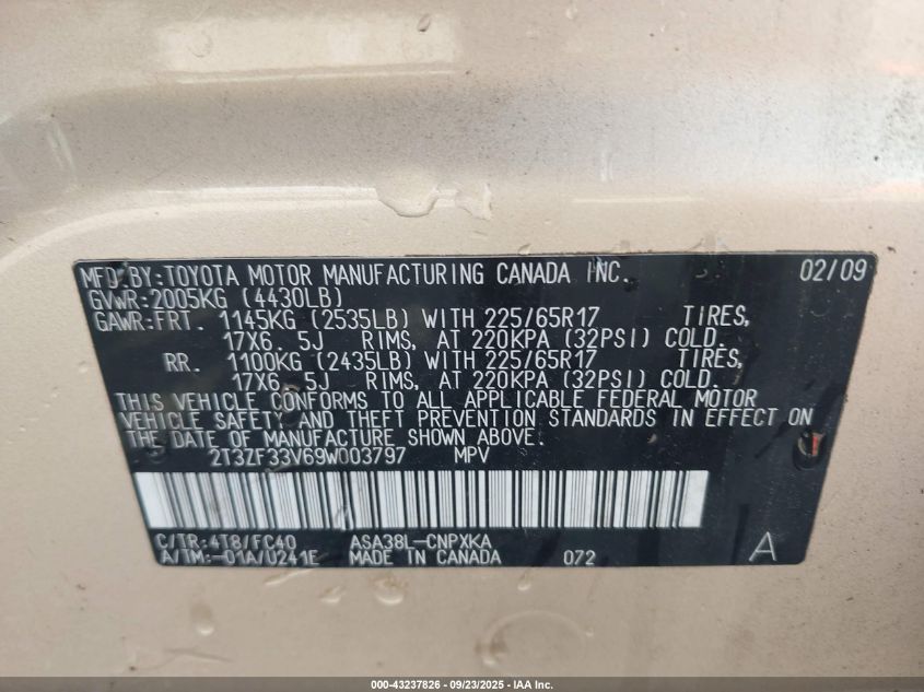 2009 Toyota Rav4 VIN: 2T3ZF33V69W003797 Lot: 43237826