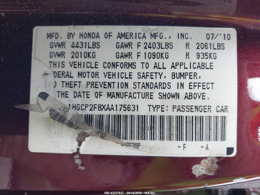 1HGCP2F8XAA175631 2010 HONDA ACCORD photo no. 9