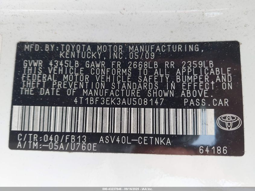 2010 Toyota Camry Le VIN: 4T1BF3EK3AU508147 Lot: 43237846