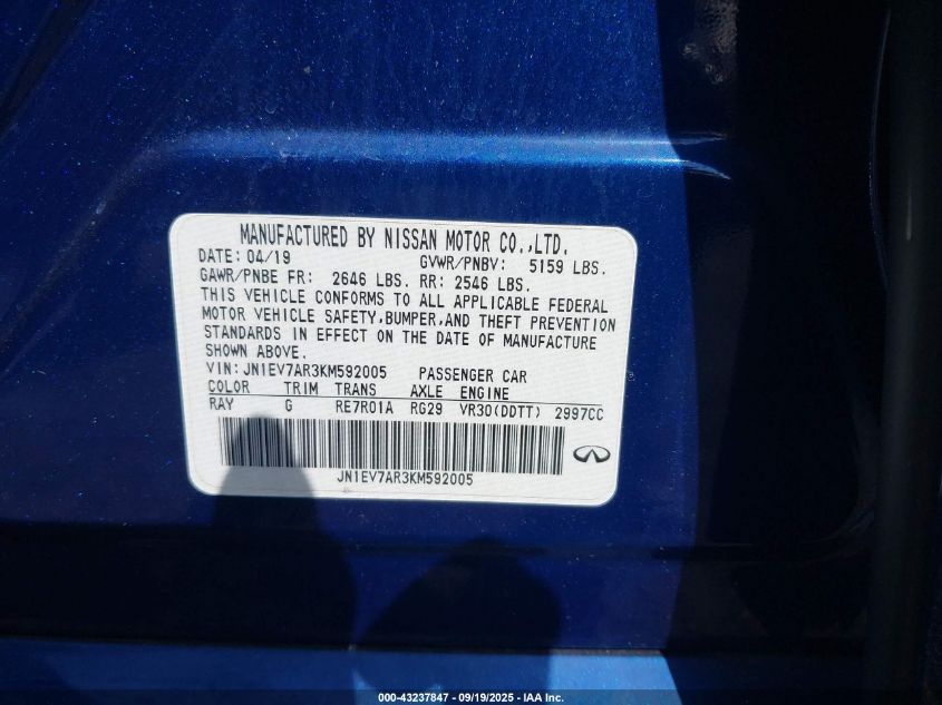 2019 Infiniti Q50 Luxe/Sport/Signature Edition VIN: JN1EV7AR3KM592005 Lot: 43237847