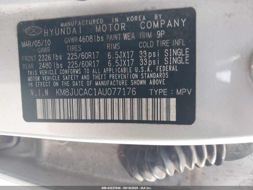 2010 Hyundai Tucson Gls VIN: KM8JUCAC1AU077176 Lot: 43237848