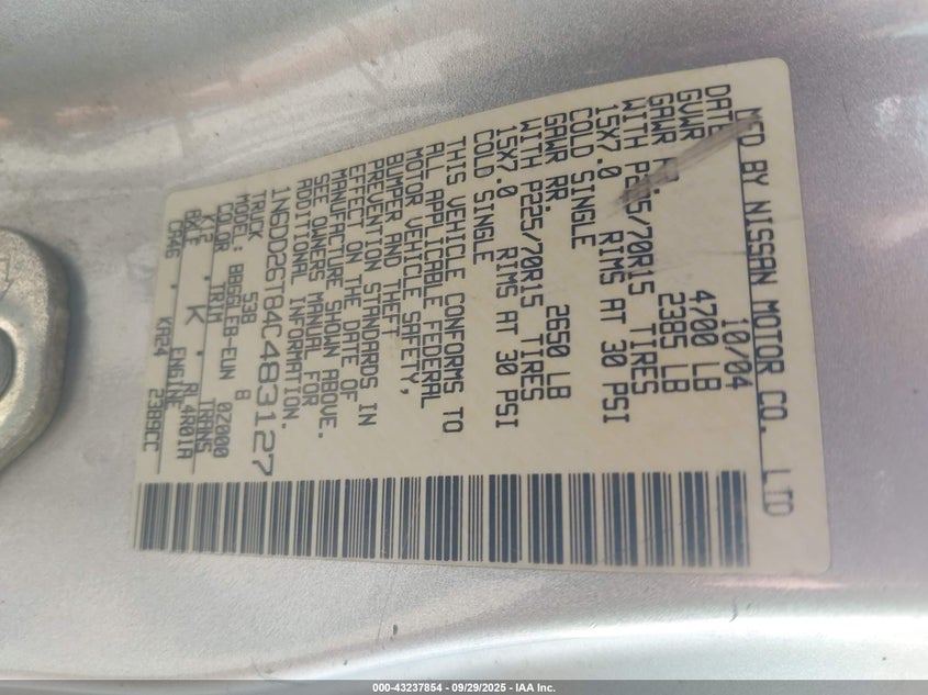 2004 Nissan Frontier Xe VIN: 1N6DD26T84C483127 Lot: 43237854