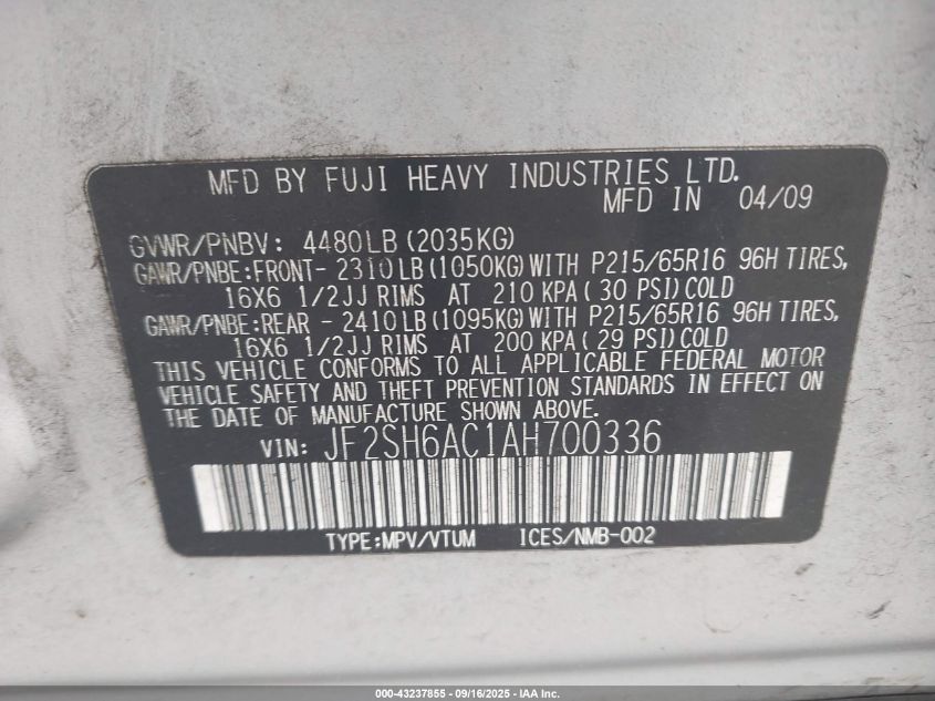 2010 Subaru Forester 2.5X VIN: JF2SH6AC1AH700336 Lot: 43237855