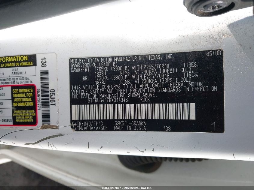 2008 Toyota Tundra Base V6 VIN: 5TFRU54178X014346 Lot: 43237877