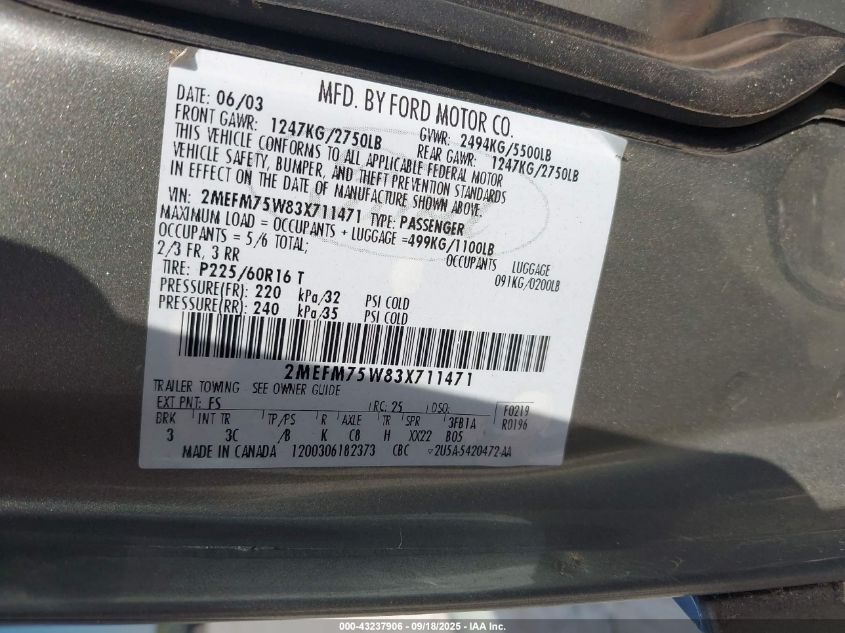 2003 Mercury Grand Marquis Ls VIN: 2MEFM75W83X711471 Lot: 43237906