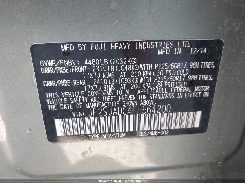 2015 Subaru Forester 2.5I Premium VIN: JF2SJADC4FH564200 Lot: 43237916