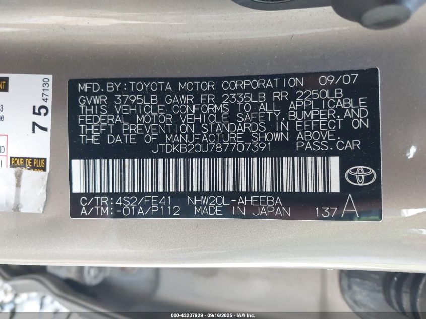 2008 Toyota Prius VIN: JTDKB20U787707391 Lot: 43237929