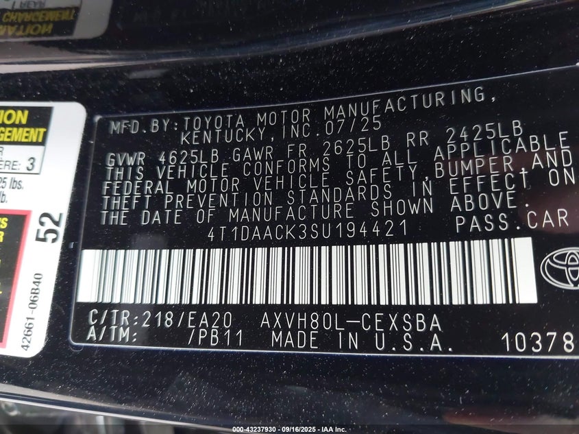 2025 TOYOTA CAMRY SE 4T1DAACK3SU194421