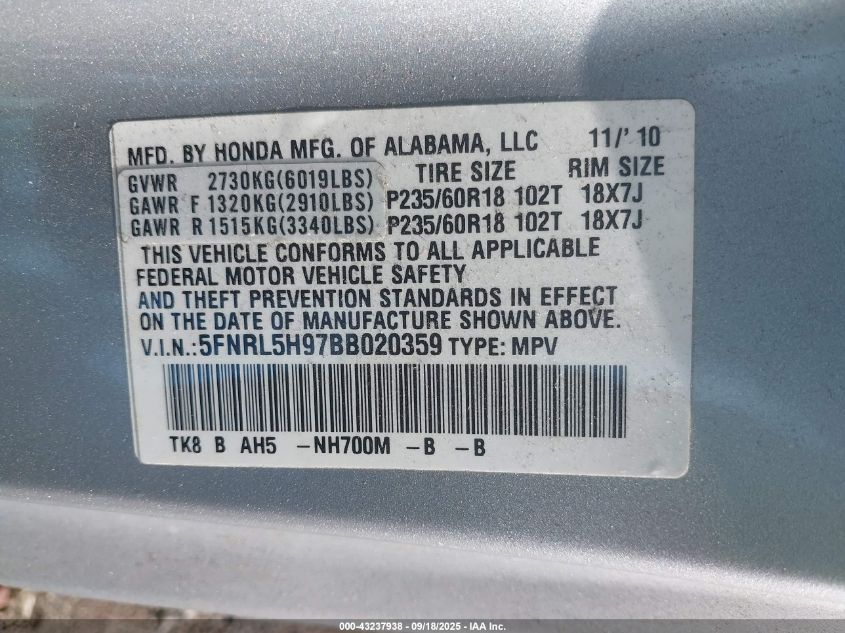 2011 Honda Odyssey Touring/Touring Elite VIN: 5FNRL5H97BB020359 Lot: 43237938