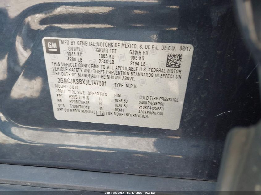 2018 Chevrolet Trax Ls VIN: 3GNCJKSBXJL147801 Lot: 43237951