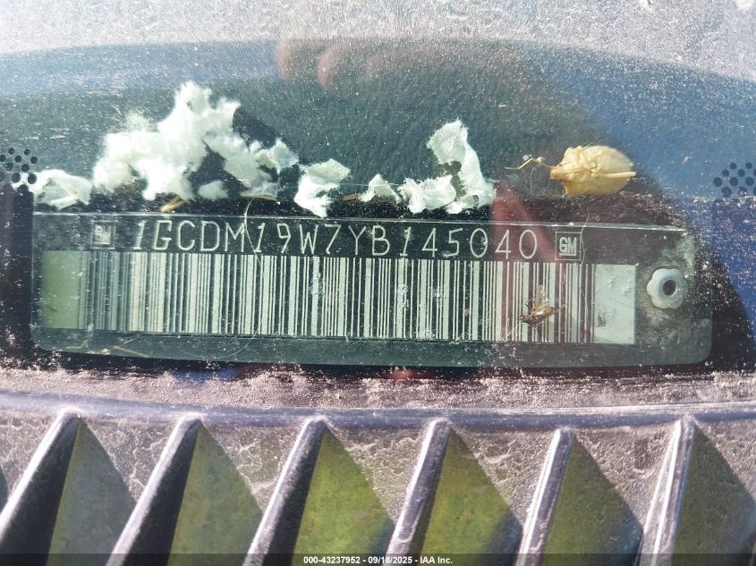 2000 Chevrolet Astro VIN: 1GCDM19W7YB145040 Lot: 43237952