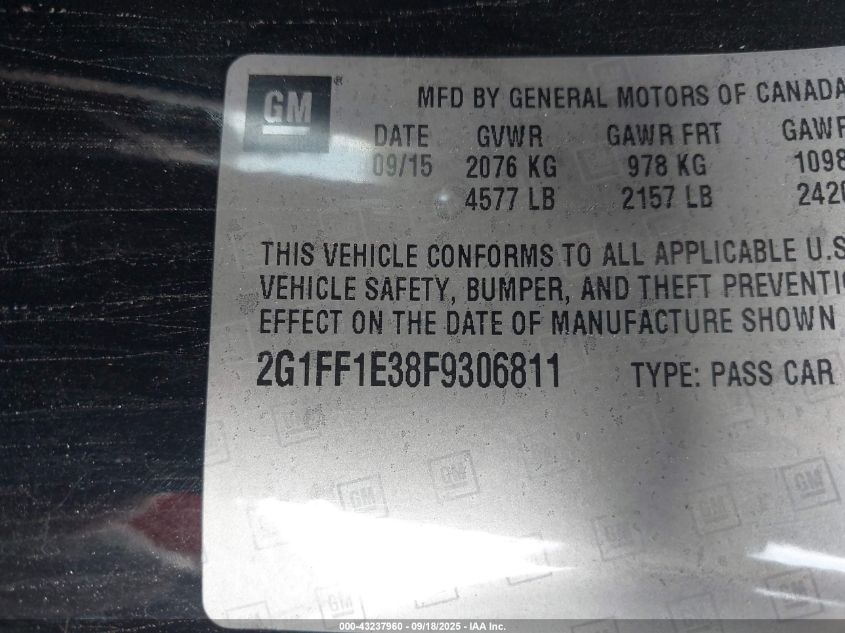 2015 Chevrolet Camaro Lt VIN: 2G1FF1E38F9306811 Lot: 43237960
