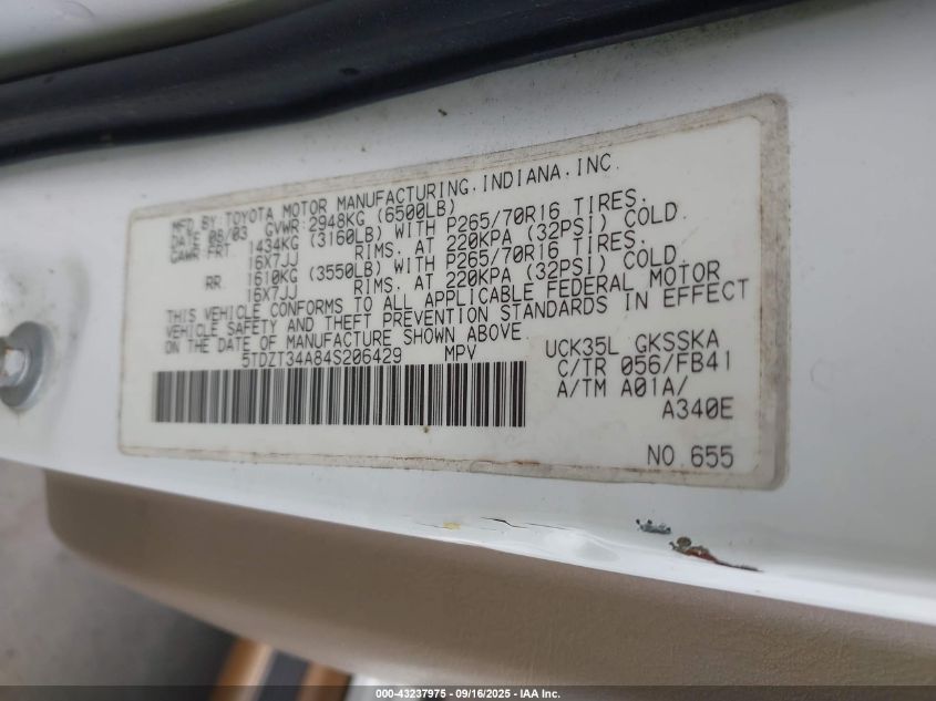 2004 Toyota Sequoia Sr5 V8 VIN: 5TDZT34A84S206429 Lot: 43237975