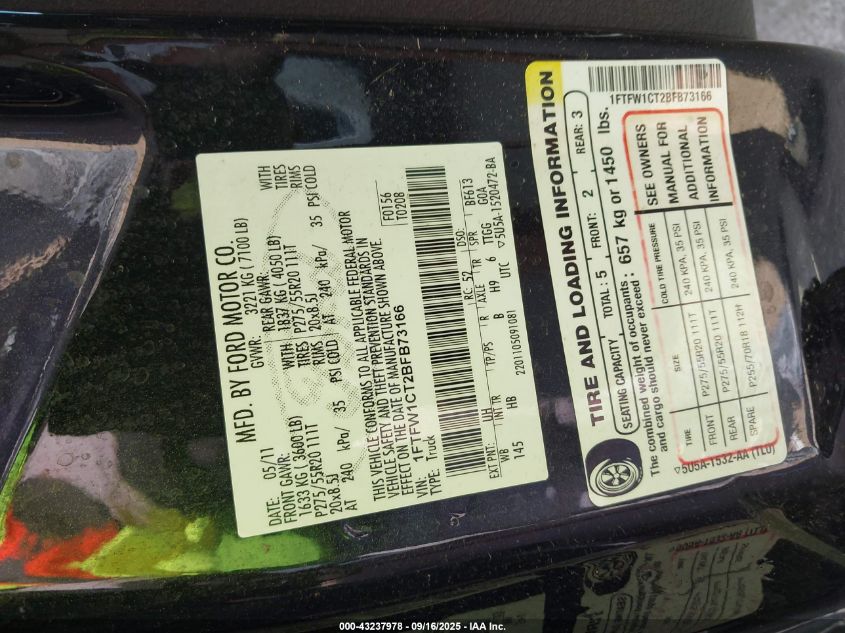 2011 Ford F-150 Lariat VIN: 1FTFW1CT2BFB73166 Lot: 43237978