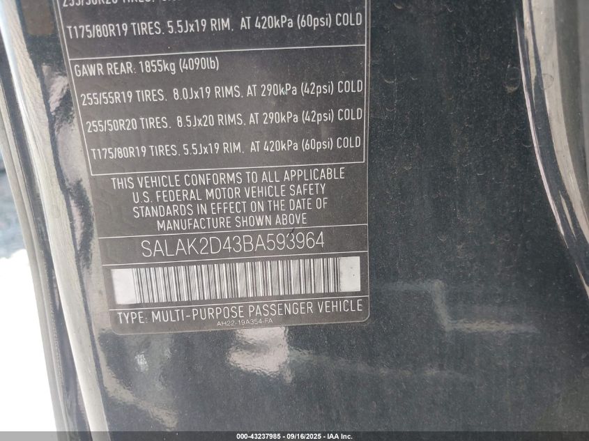 2011 Land Rover Lr4 VIN: SALAK2D43BA593964 Lot: 43237985