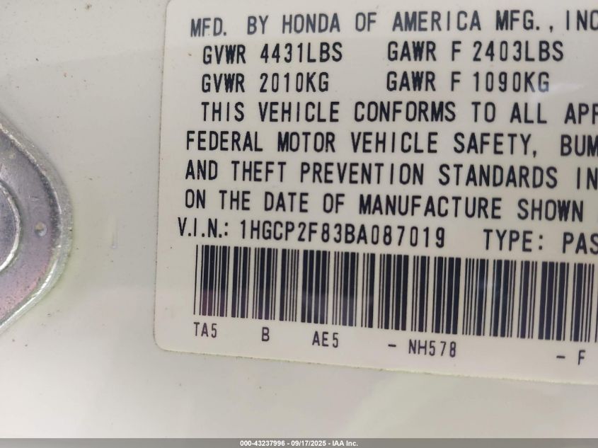 2011 Honda Accord 2.4 Ex-L VIN: 1HGCP2F83BA087019 Lot: 43237996