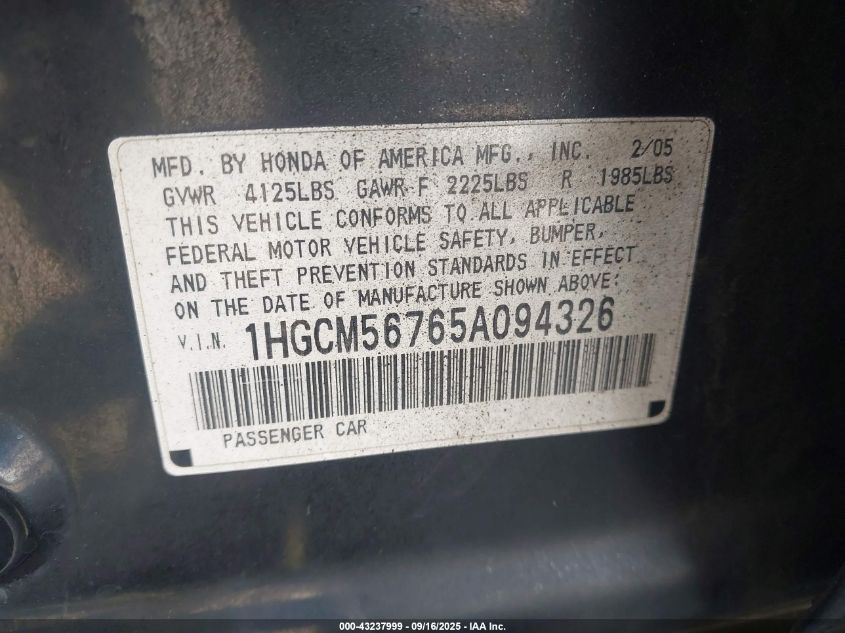 2005 Honda Accord 2.4 Ex VIN: 1HGCM56765A094326 Lot: 43237999