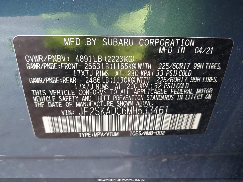 2021 SUBARU FORESTER - JF2SKADC6MH533461