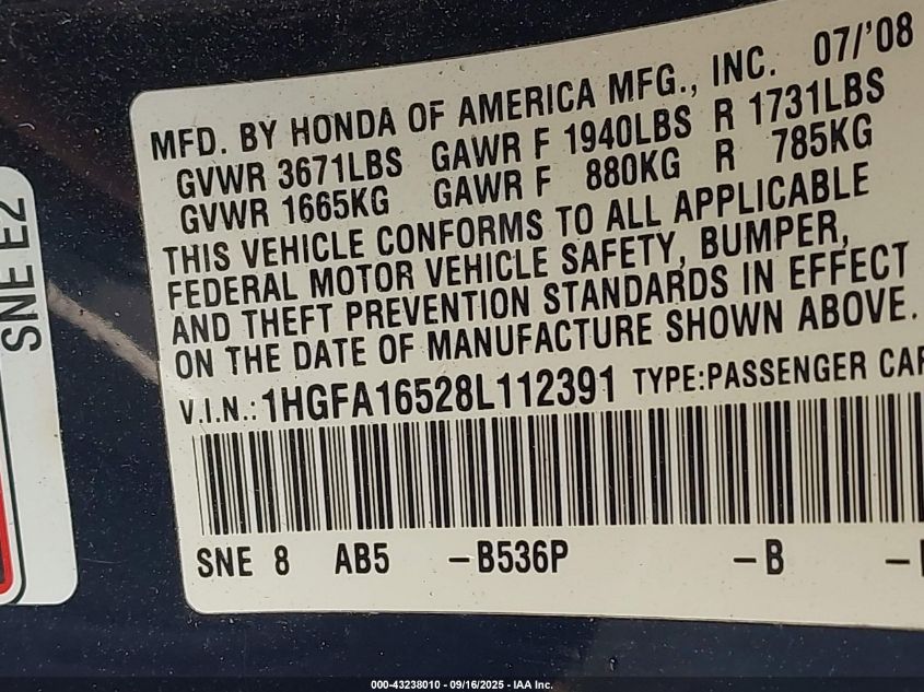 2008 Honda Civic Lx VIN: 1HGFA16528L112391 Lot: 43238010