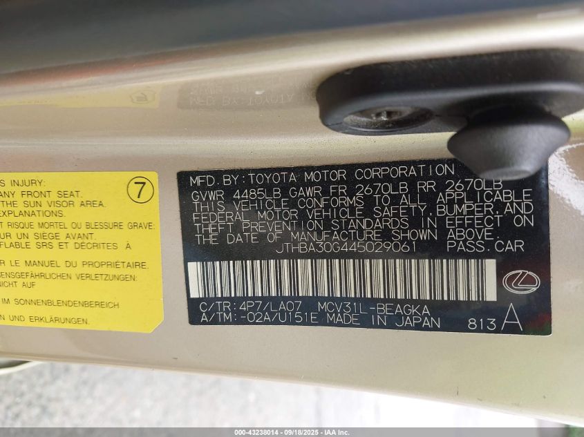 2004 Lexus Es 330 VIN: JTHBA30G445029061 Lot: 43238014