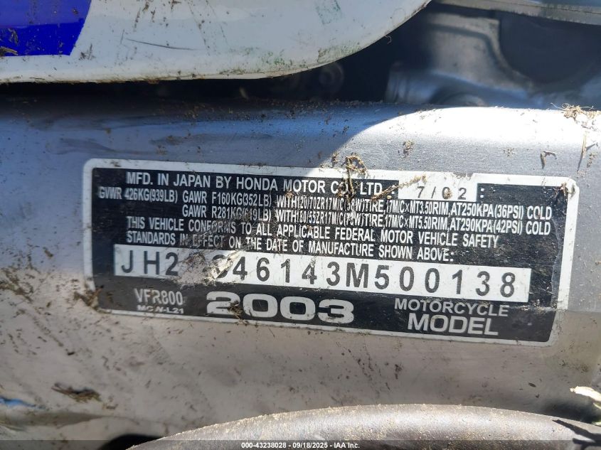 2003 Honda Vfr800 VIN: JH2RC46143M500138 Lot: 43238028
