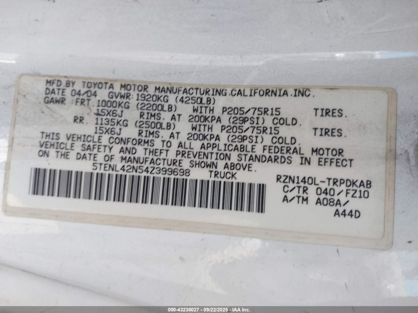 2004 Toyota Tacoma VIN: 5TENL42N54Z399698 Lot: 43238027