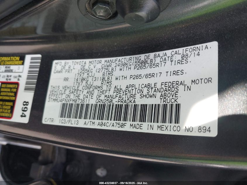 2015 Toyota Tacoma Base V6 VIN: 3TMMU4FNXFM073611 Lot: 43238037